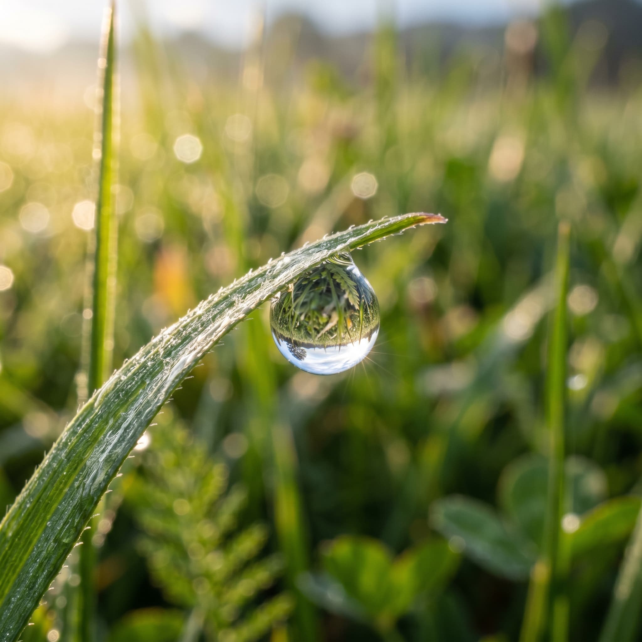 A hyper-realistic close-up of a dewdrop clinging to a vibrant green blade of grass, catching the morning sun and reflecting a miniature, inverted world. The background is a soft, blurred bokeh of more greenery.