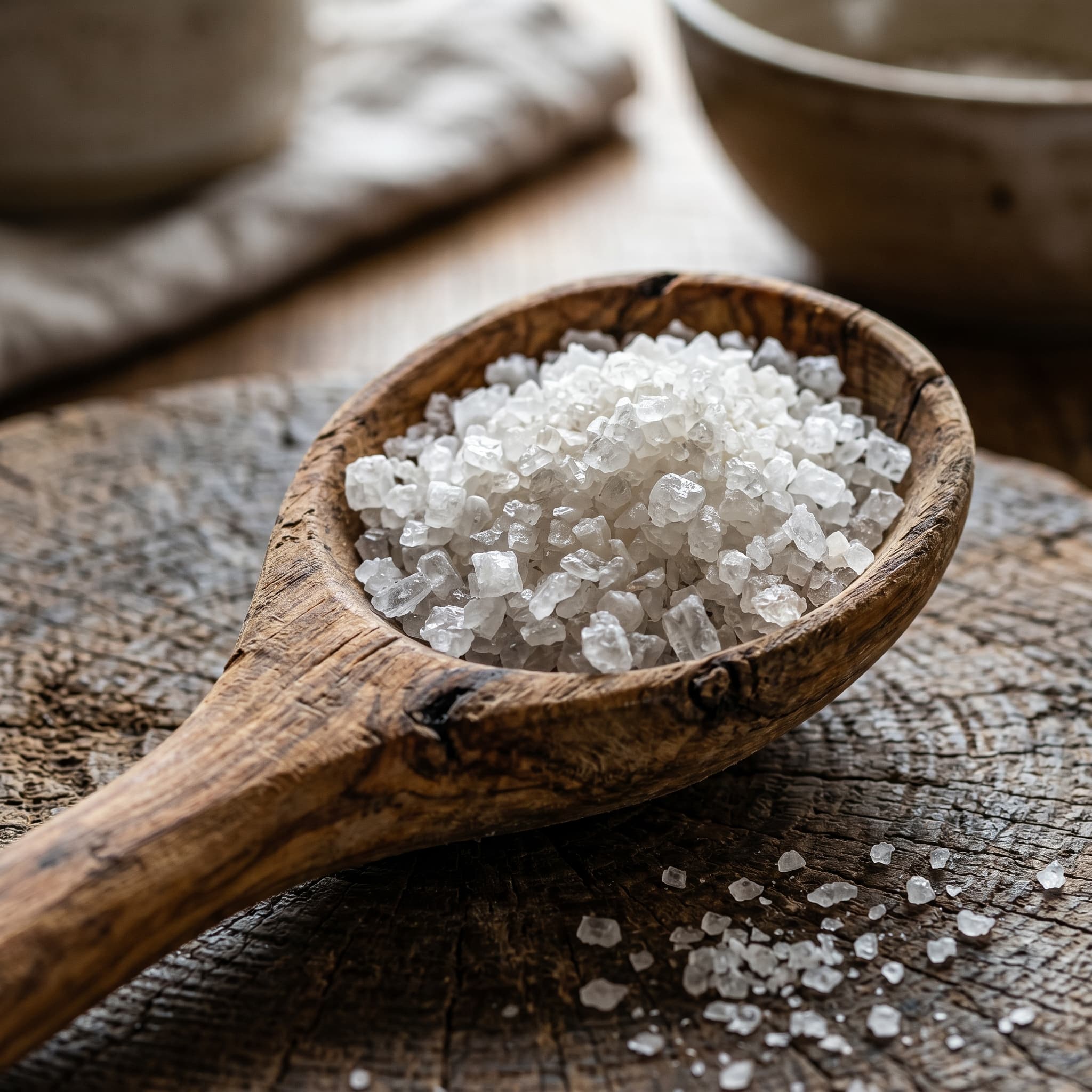 A hyper-realistic photograph of a rustic wooden spoon filled with coarse sea salt. The texture of the salt crystals and the grain of the wood are highly detailed.