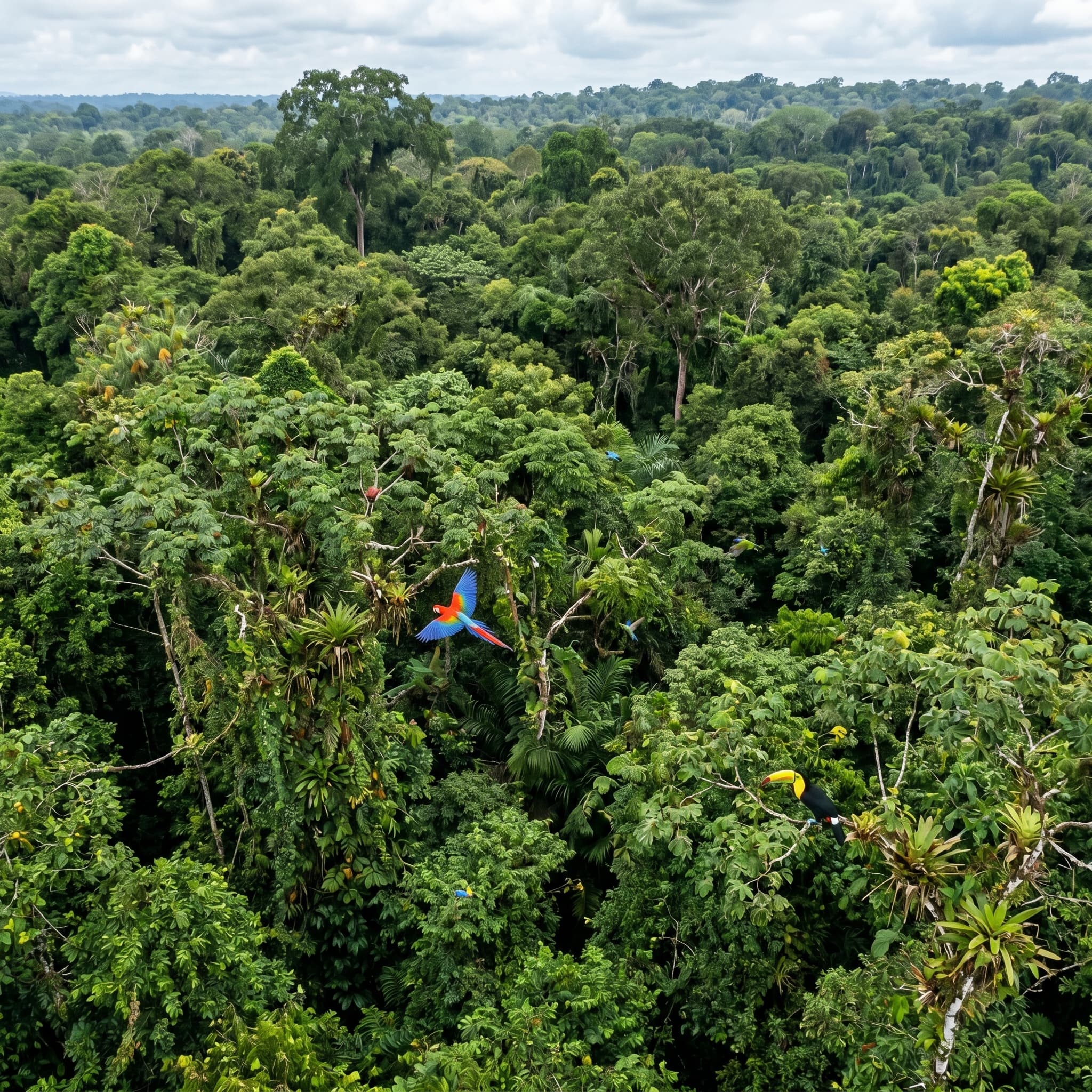 Hyper-realistic image of a dense, humid rainforest canopy, viewed from above. A myriad of green leaves and vines create a textured, living ceiling. Exotic birds are visible flitting between branches.