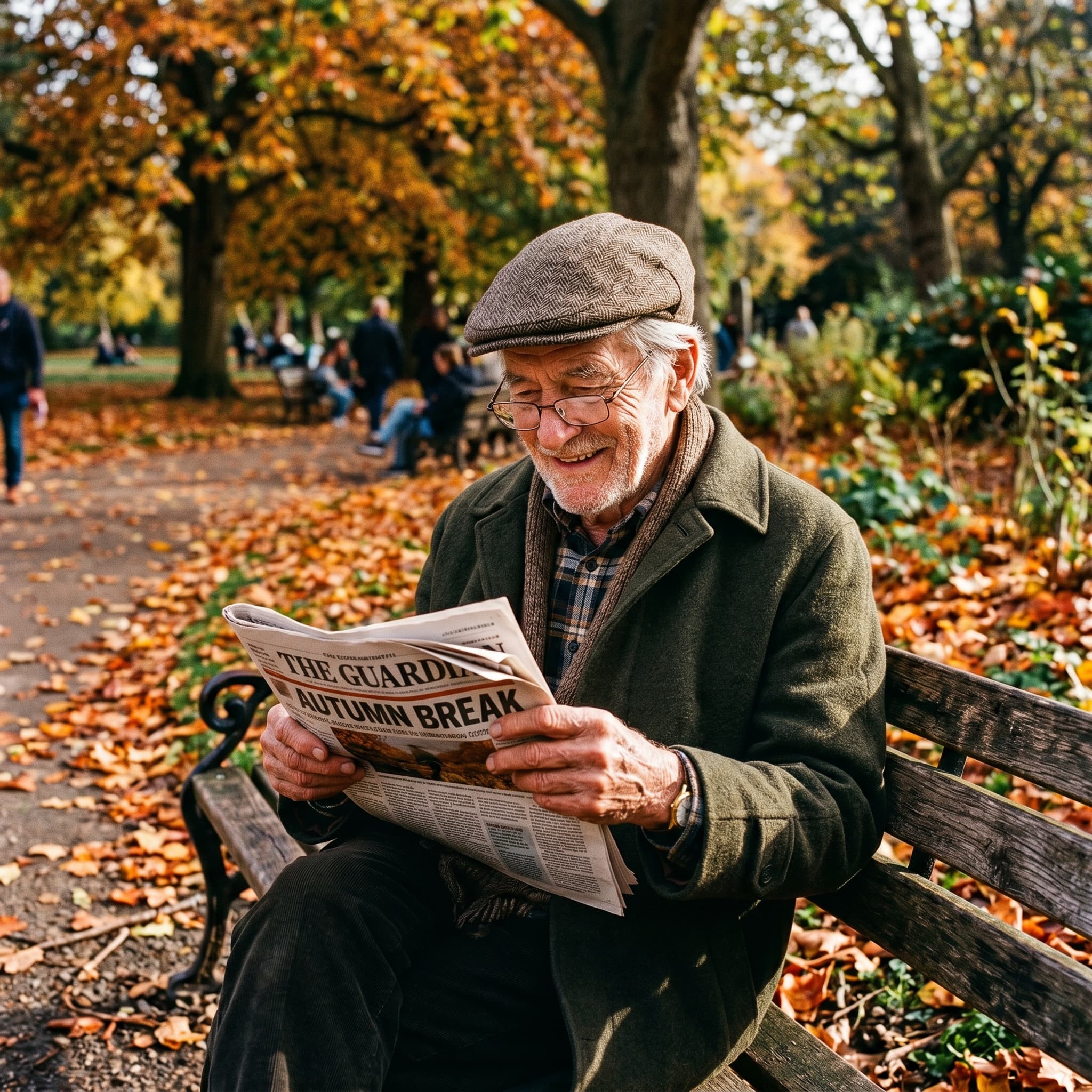 Hyper-realistic photo of an elderly man with deep wrinkles and a kind expression, wearing a tweed cap, sitting on a park bench and reading a newspaper, autumn leaves on the ground.