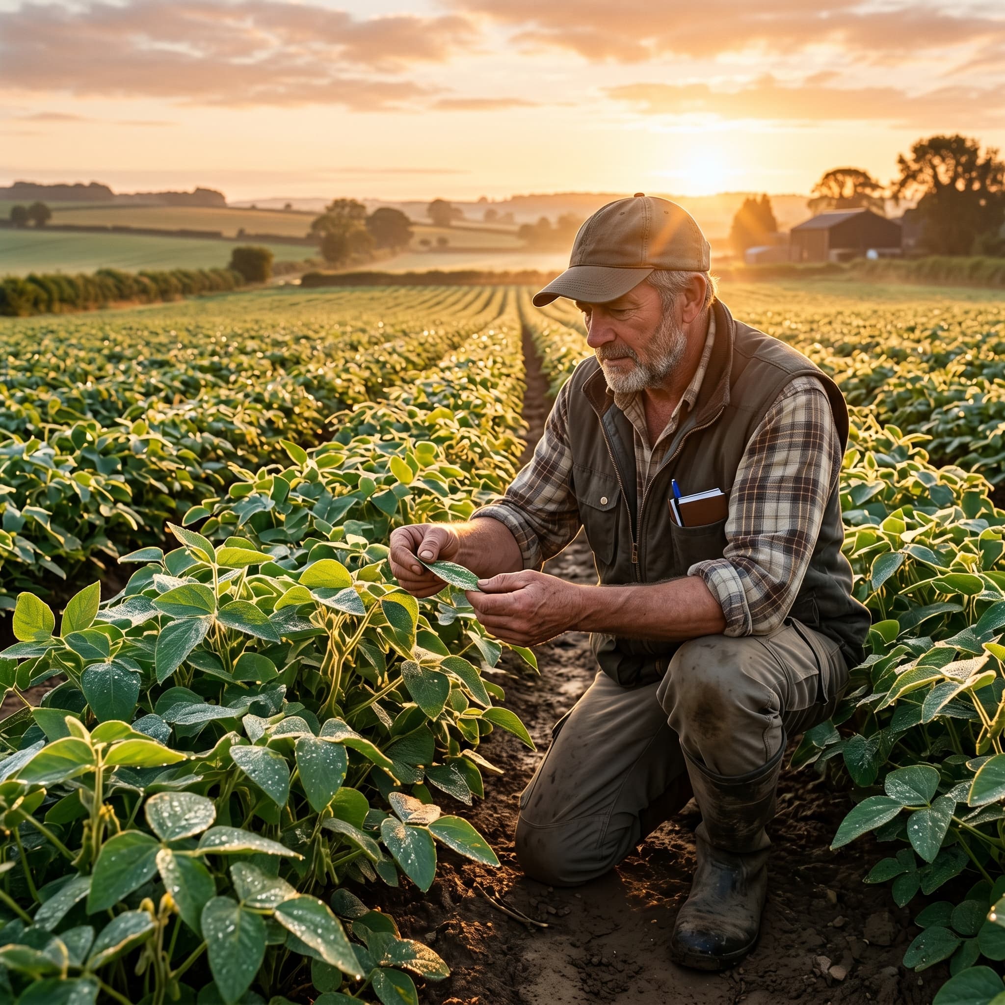 A hyper-realistic scene of a farmer inspecting crops in a field at sunrise. Dew drops glisten on the leaves. Golden light bathes the landscape.