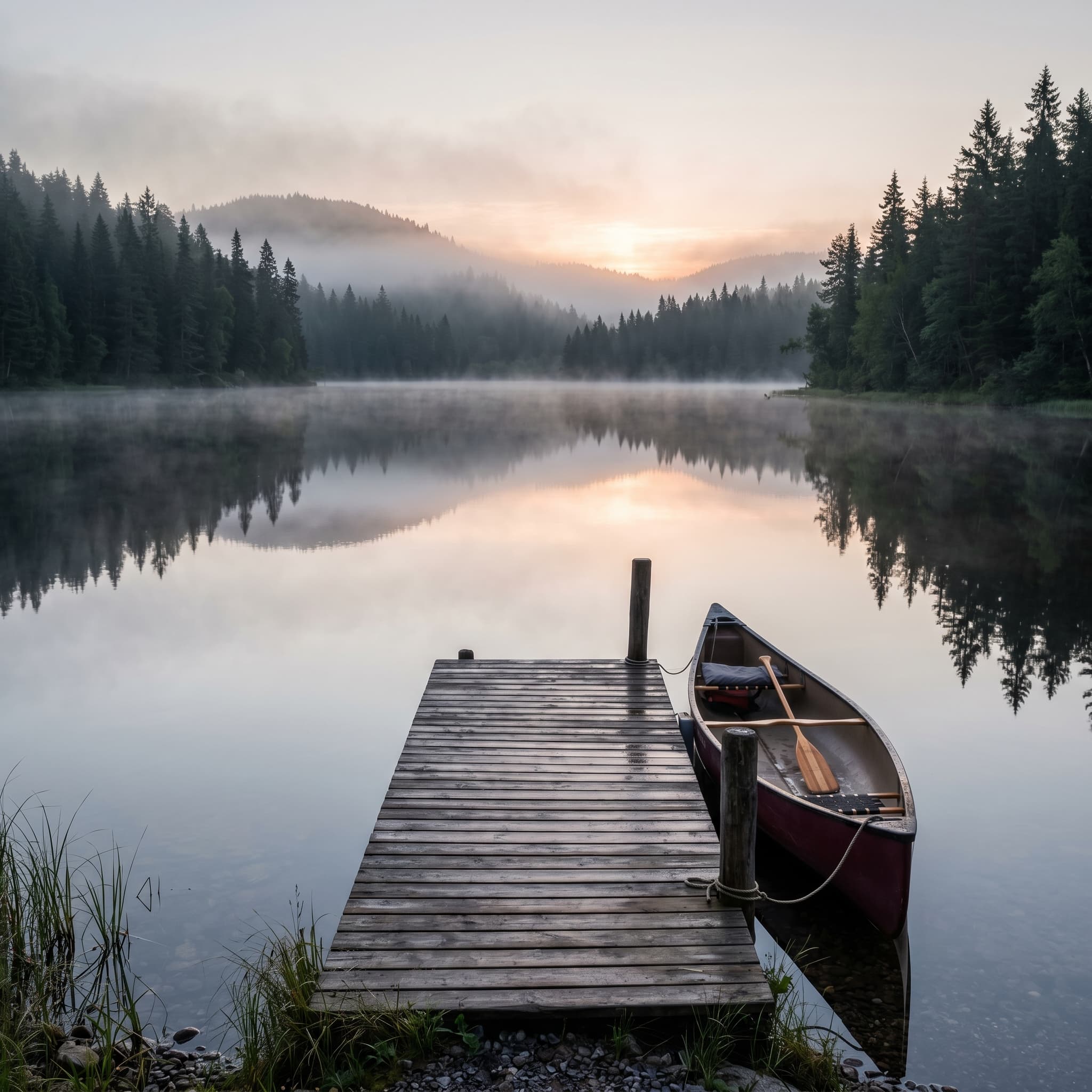 Hyper-realistic image of a serene, misty lake at dawn. The water is perfectly still, reflecting the surrounding pine trees and the faint glow of the rising sun. A lone canoe is docked at a wooden pier.