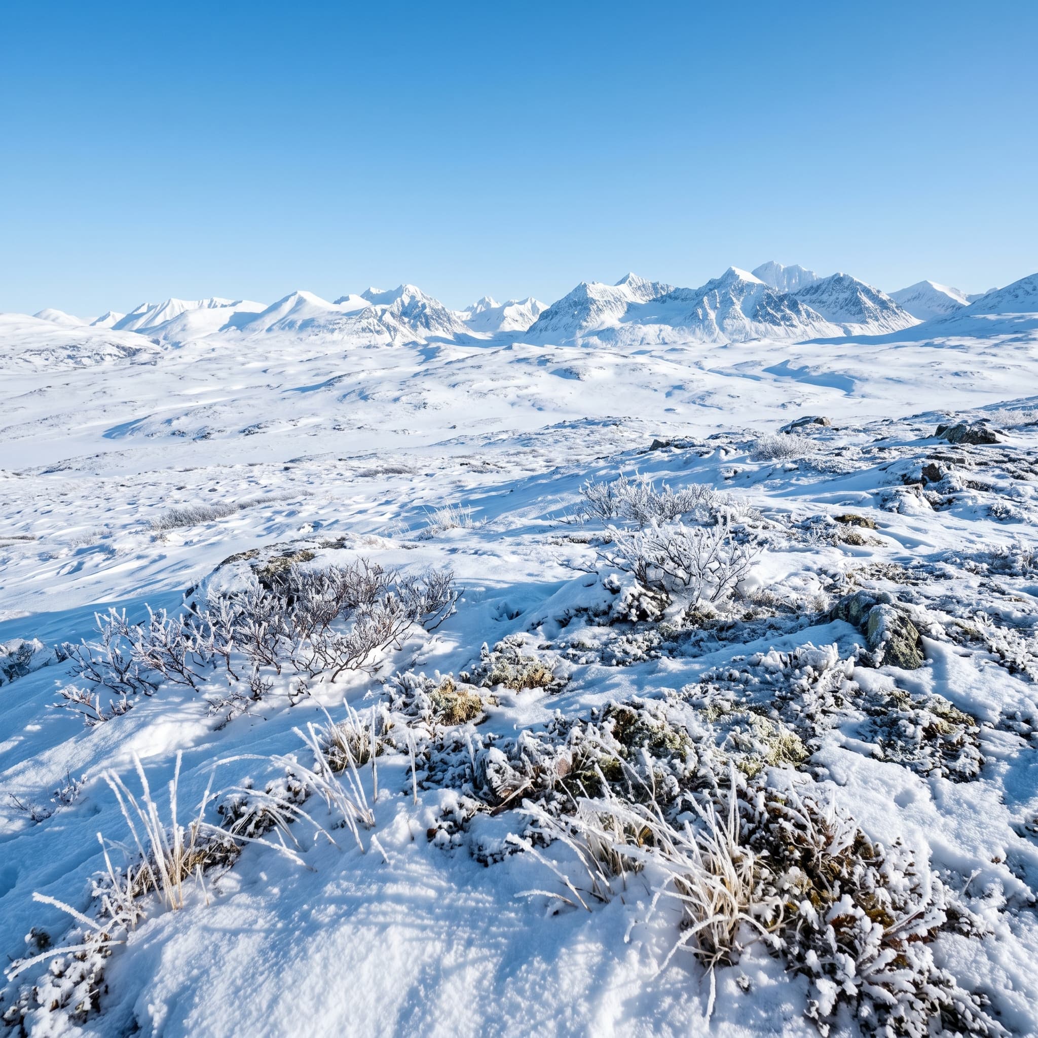 Hyper-realistic scene of a frozen tundra landscape in winter. Snow covers the ground, and hardy, low-lying plants are visible beneath the frost. The sky is a clear, cold blue.